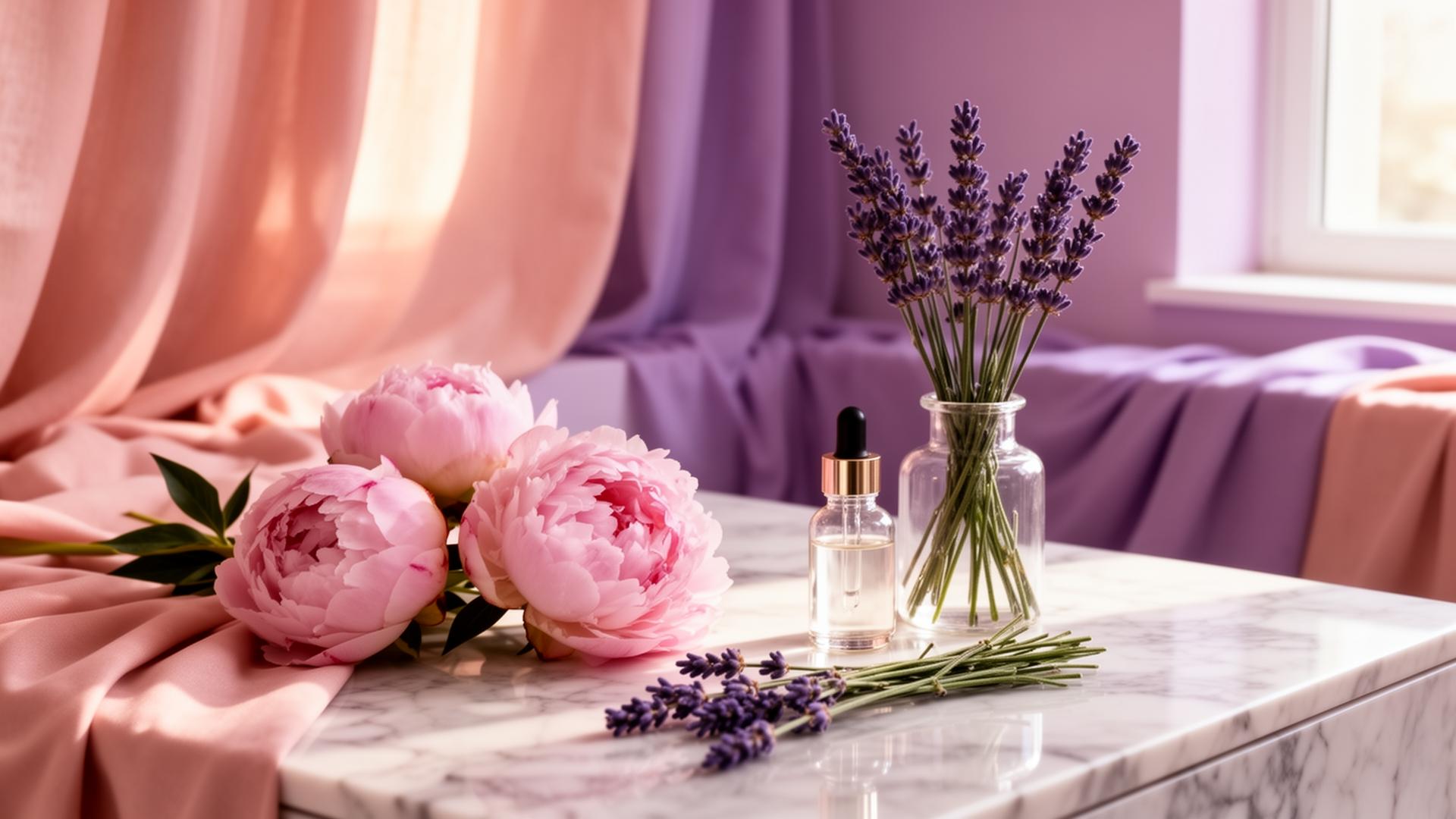 Blush peonies and lavender on marble at the BMW Esthetics atelier